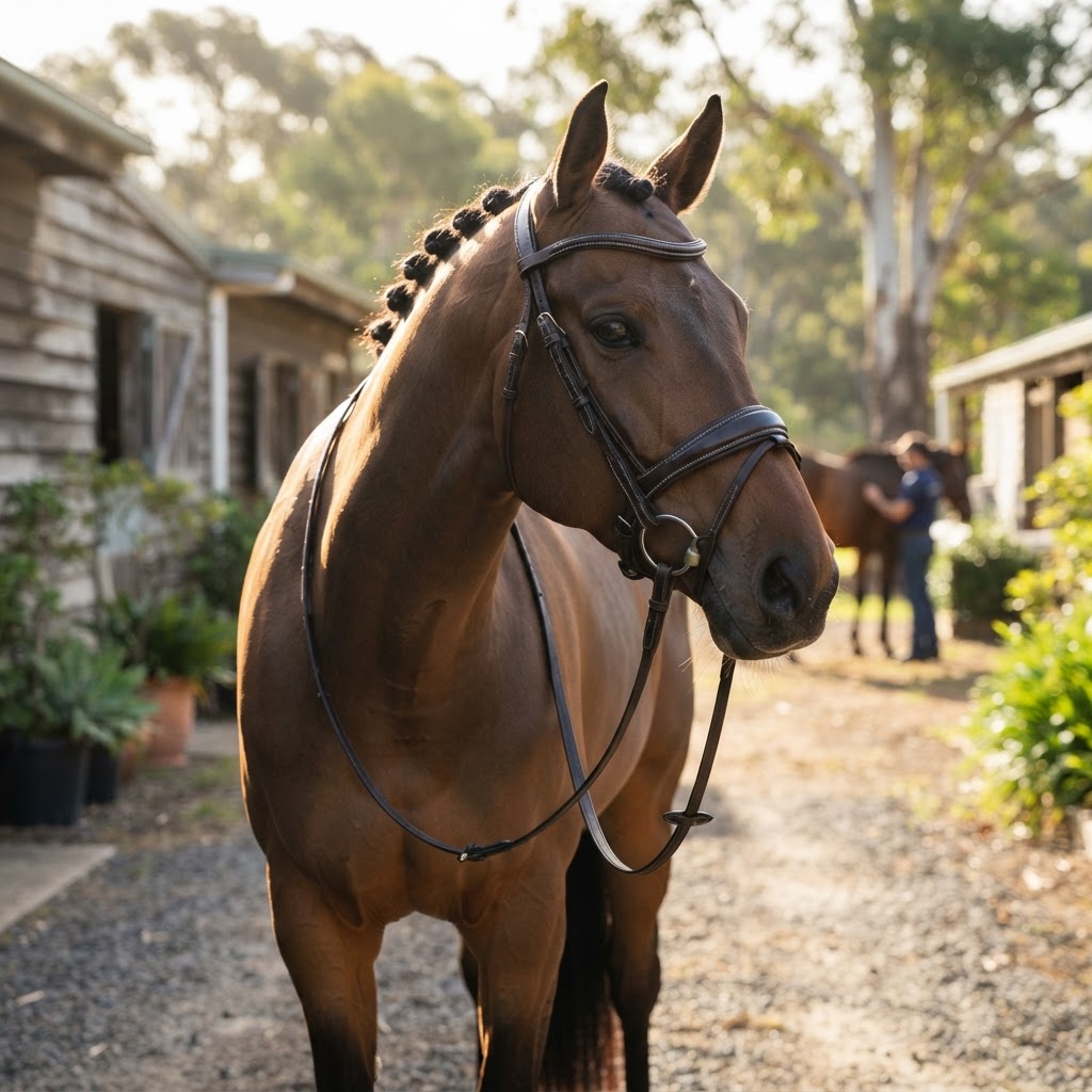 Dressage horse wearing a dark leather double bridle with white-stitched crank noseband