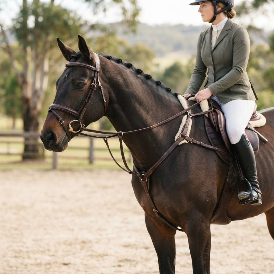 Horse wearing a fitted breastplate with an English saddle