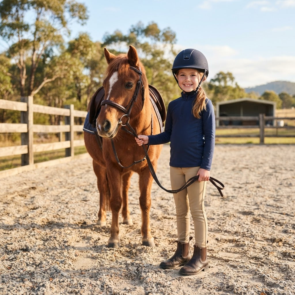 Child rider wearing kids equestrian clothing and riding helmet in Australia