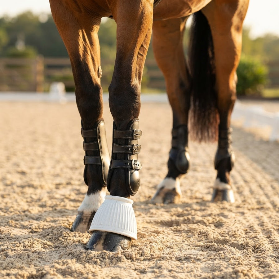 Horse wearing black tendon boots and bell boots for show jumping