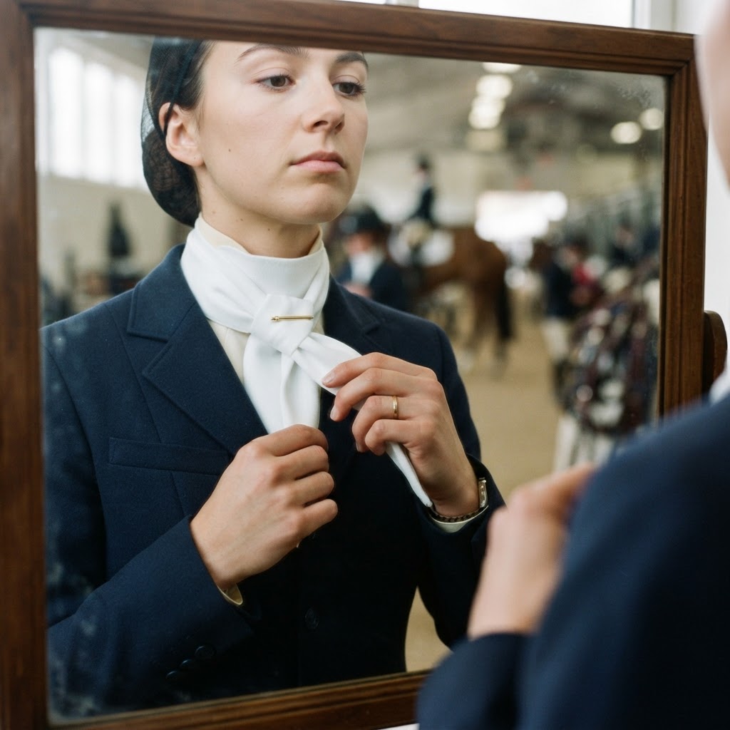 Rider tying a white stock tie in front of a mirror at an equestrian competition