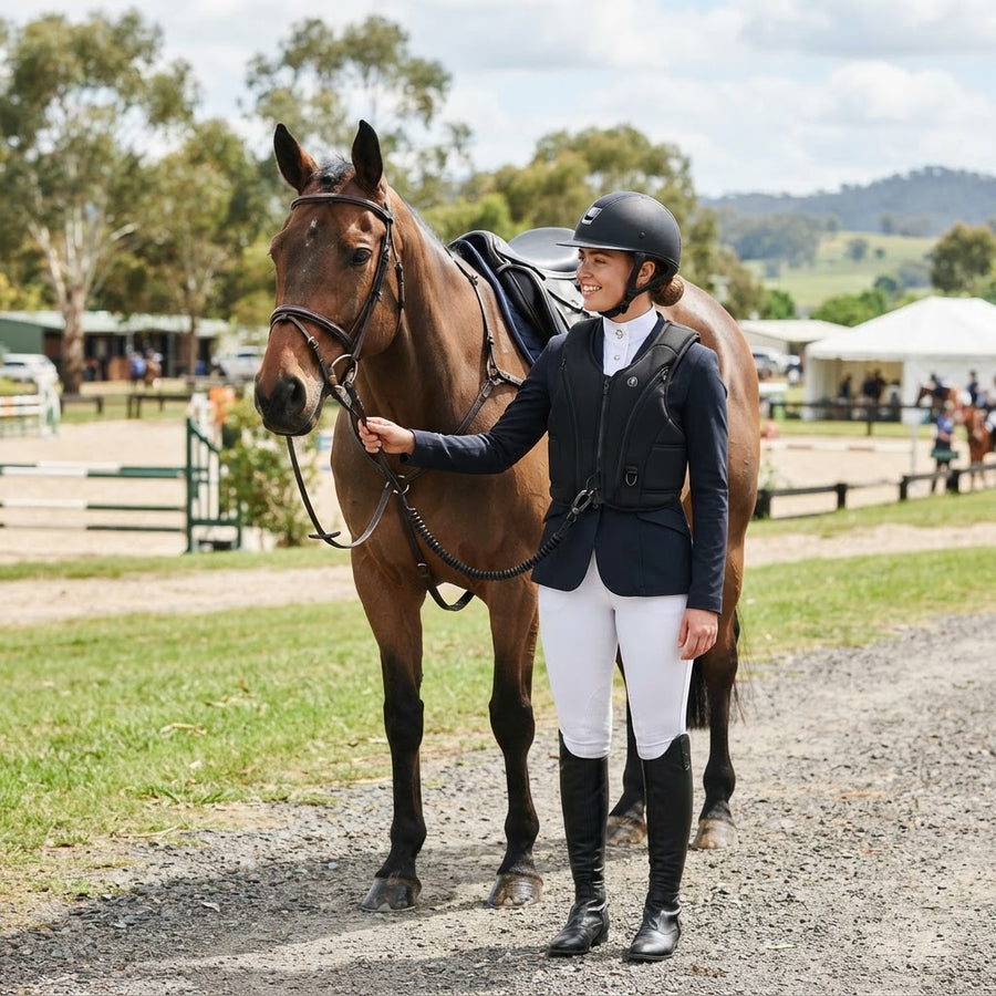 Australian rider wearing an equestrian airbag safety vest beside a horse
