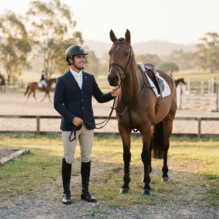 Male equestrian rider in full competition attire at an Australian show ground