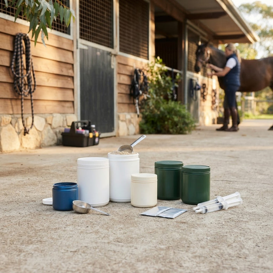 Horse supplement tubs and containers in an Australian stable