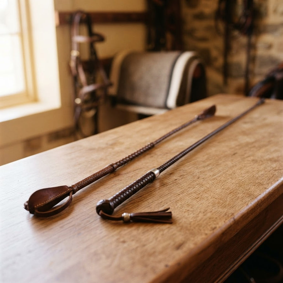 Equestrian riding crop and dressage whip on a wooden surface