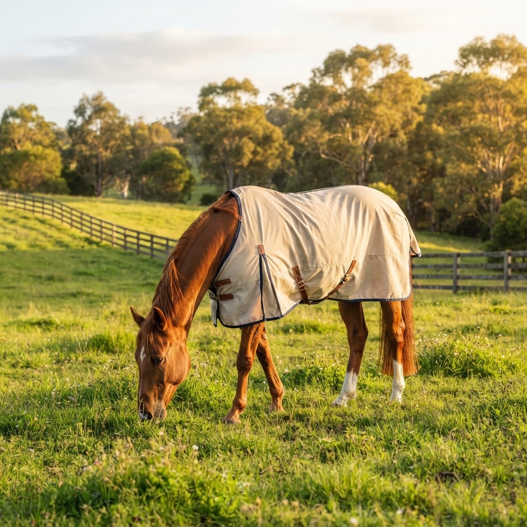 Horse being rugged in spring with a light cotton sheet in a sunny Australian paddock