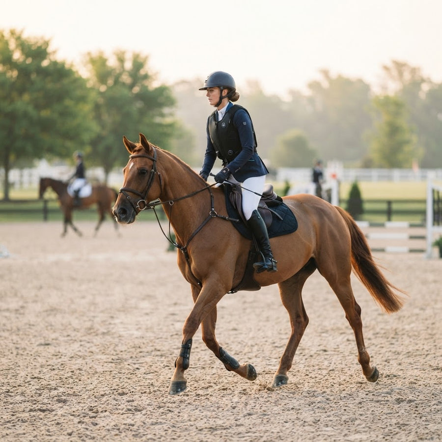 Rider wearing a Horse Pilot airbag vest over a show jacket in an outdoor arena