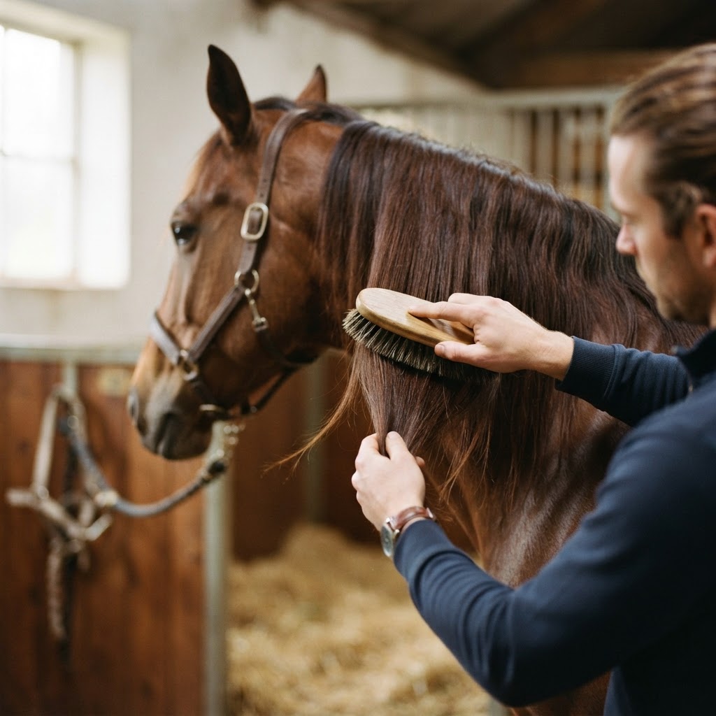 Horse mane being groomed and detangled in preparation for show braiding