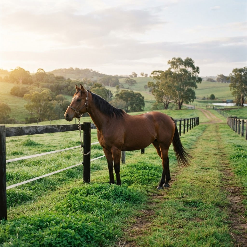 Horse in Australian spring pasture for a laminitis prevention guide