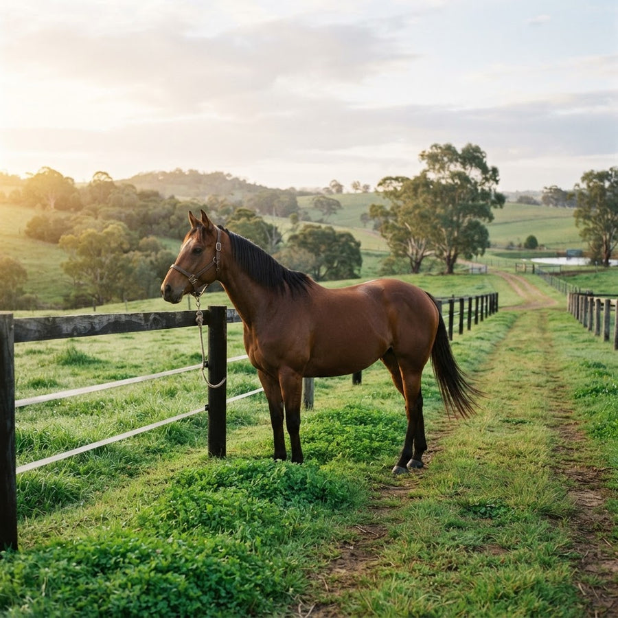 Horse in Australian spring pasture for a laminitis prevention guide