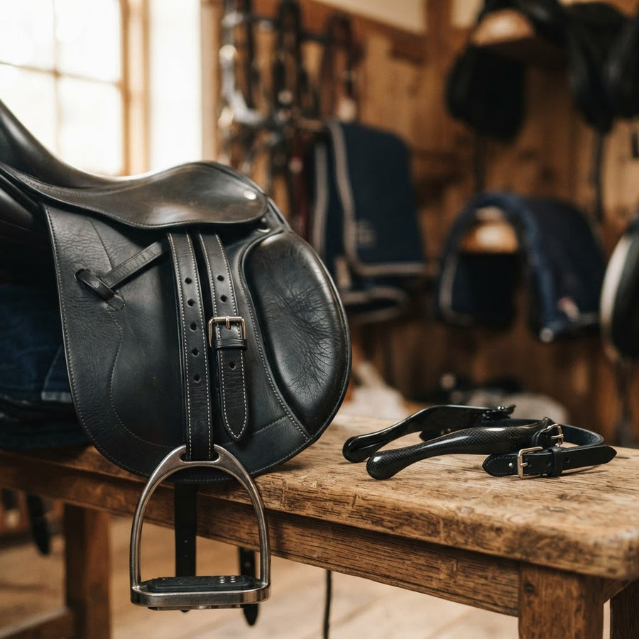 Stirrup leathers and Freejump spurs on a tack room bench