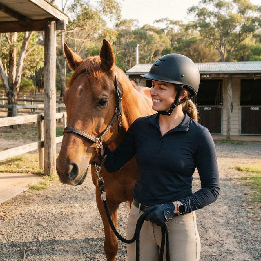 Australian rider wearing a correctly fitted riding helmet beside a horse