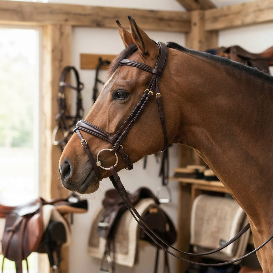 Illustrative editorial image of a horse wearing a Kineton noseband