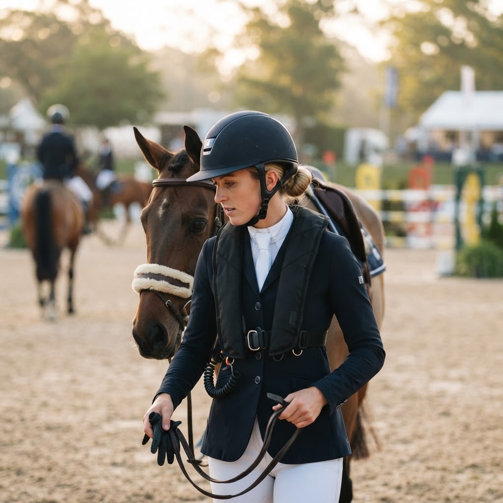 Horse Pilot Twist'Air airbag vest review - rider wearing black airbag vest at show jumping competition