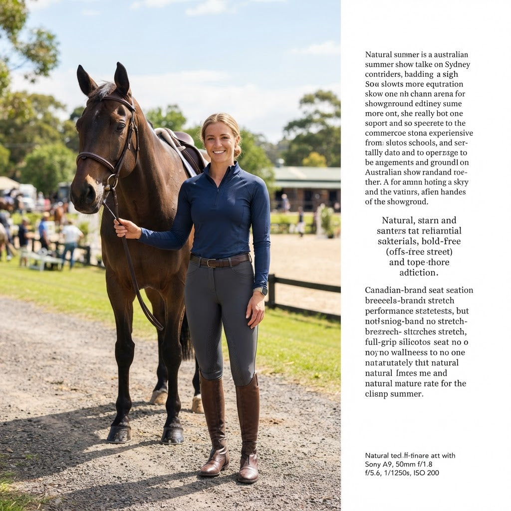 Rider wearing Struck Apparel performance equestrian clothing beside a horse