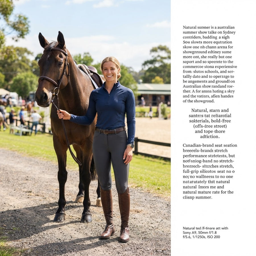Rider wearing Struck Apparel performance equestrian clothing beside a horse