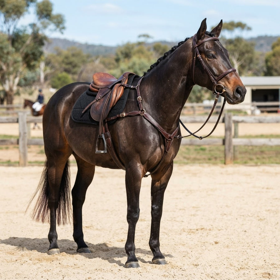 Horse wearing a correctly fitted breastplate for Australian riding