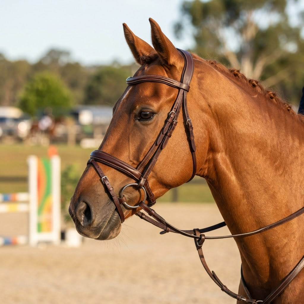 Jumping bridle on a chestnut horse in an Australian show jumping setting