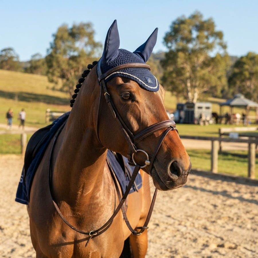 Bay horse wearing a navy ear bonnet at an Australian equestrian event