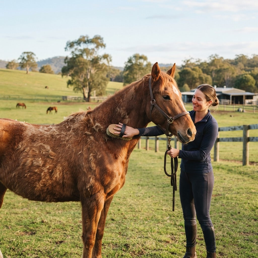 Australian horse shedding its winter coat during spring grooming