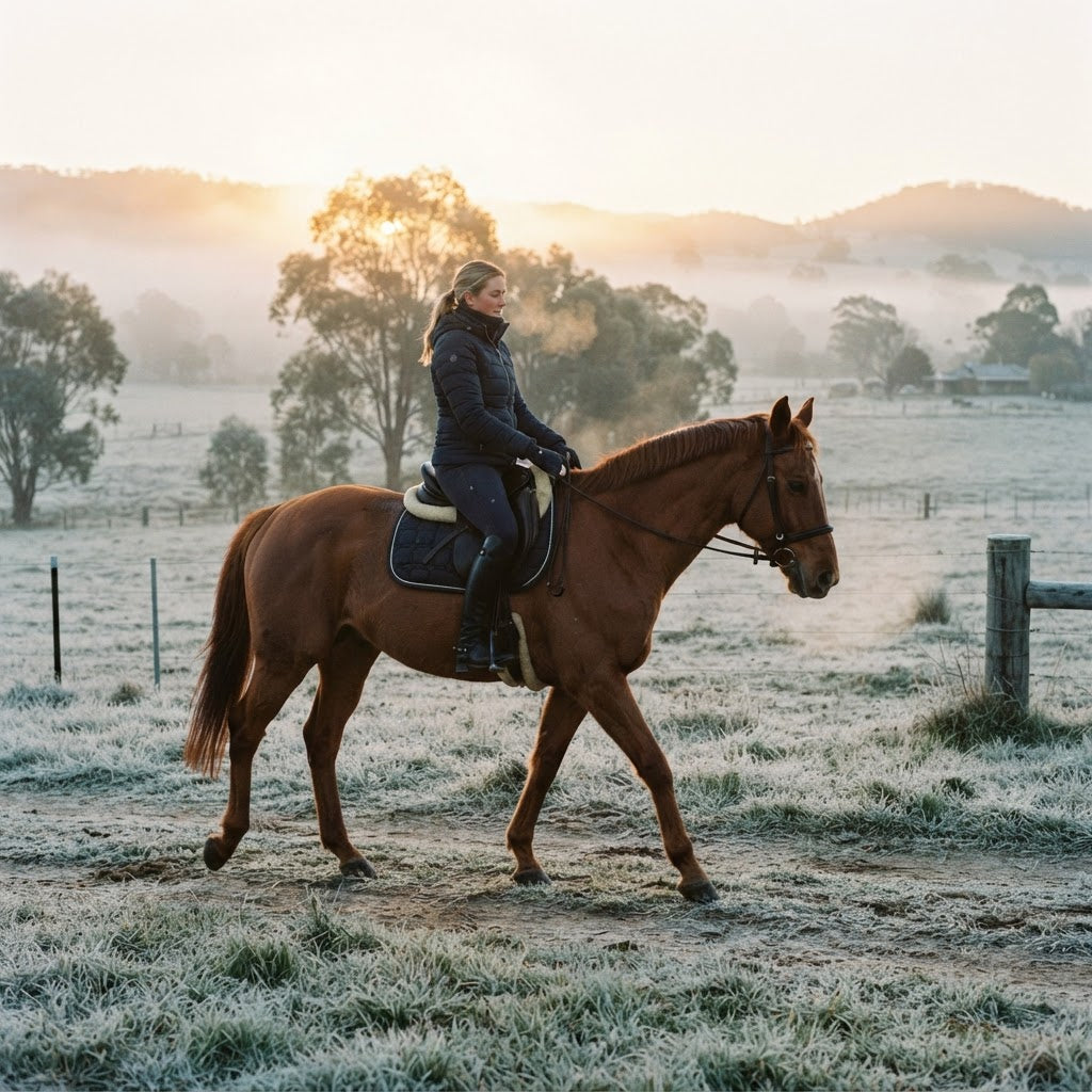 Rider warming up a horse on a frosty winter morning