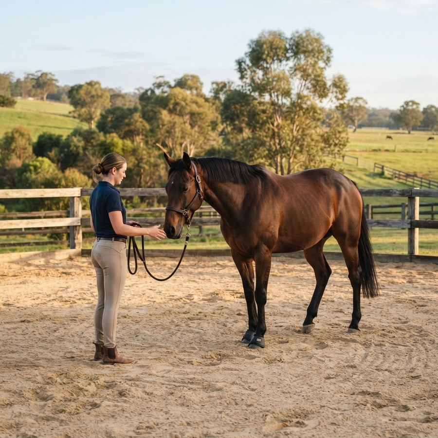 Horse and rider practising groundwork exercises in an Australian arena