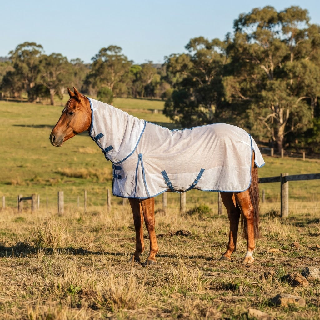 Horse wearing a summer fly mesh rug in an Australian paddock