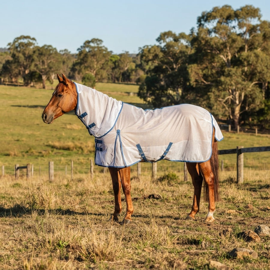 Horse wearing a summer fly mesh rug in an Australian paddock