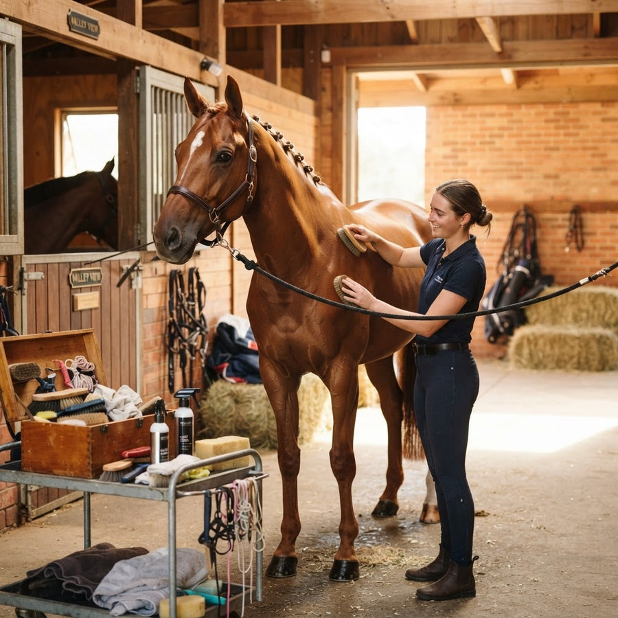 Horse being prepared with a pre-competition grooming routine for show day in Australia