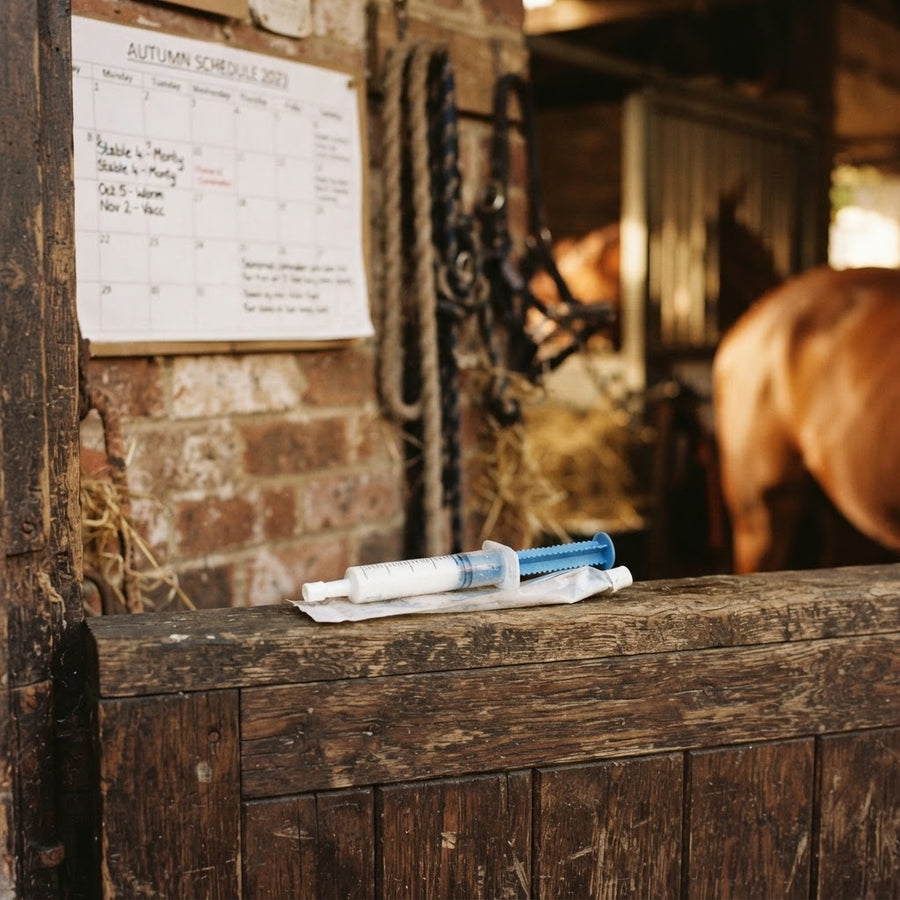 Horse wormer paste on a stable door with seasonal calendar concept