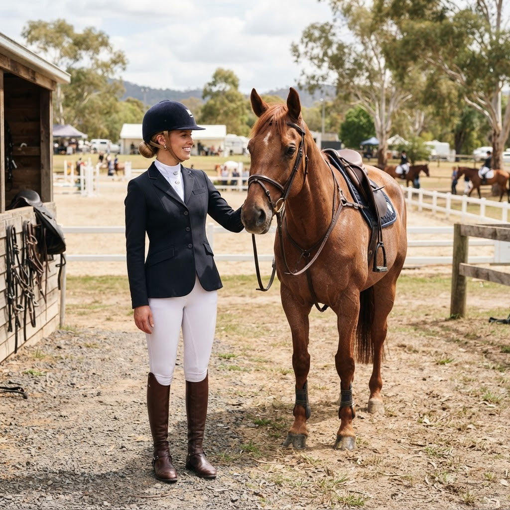 Australian female show jumper wearing white competition breeches beside a chestnut horse