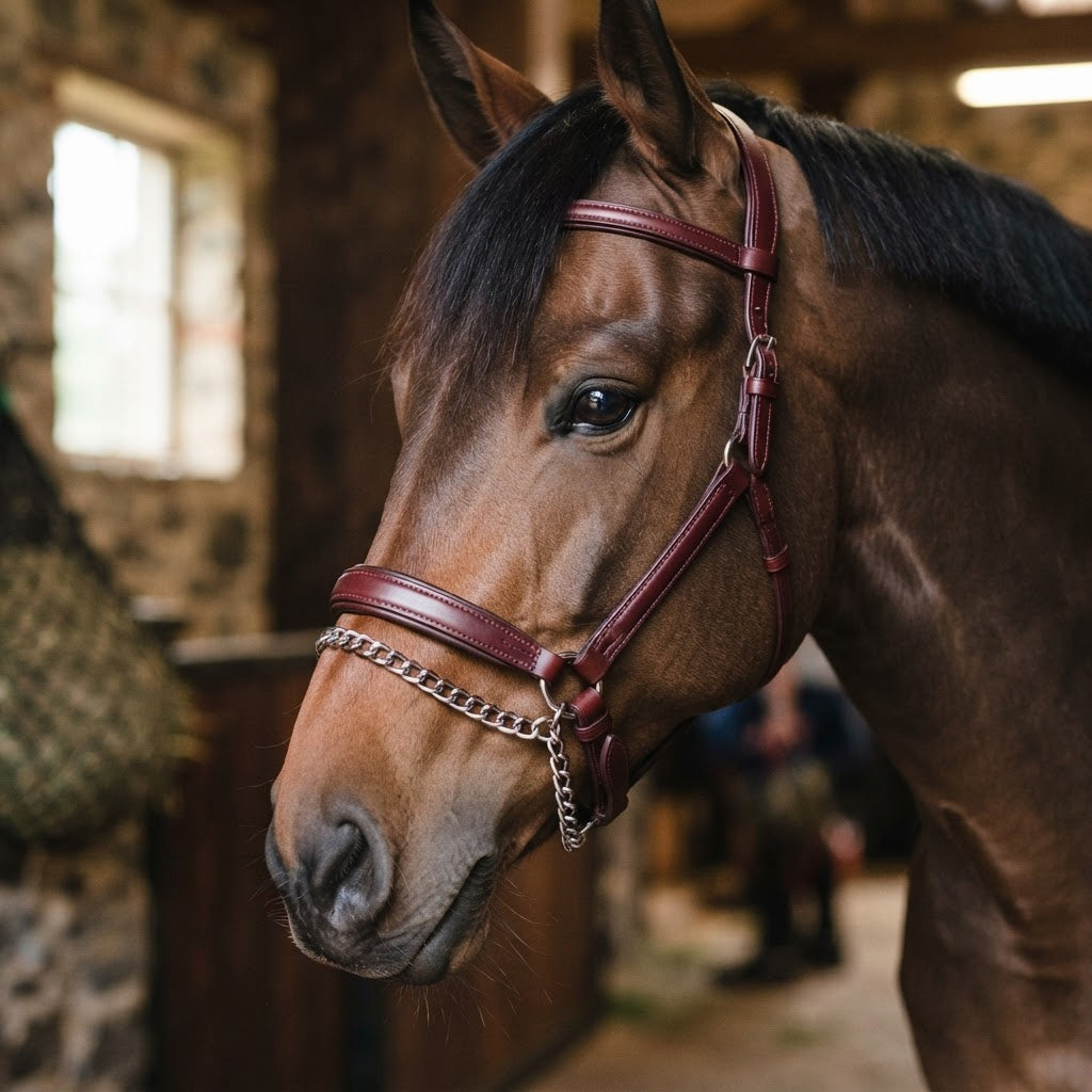 Chain drop noseband by Jump'In on a brown horse — leather and curb chain noseband