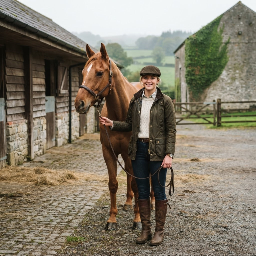 Australian rider in Irish country clothing beside a horse