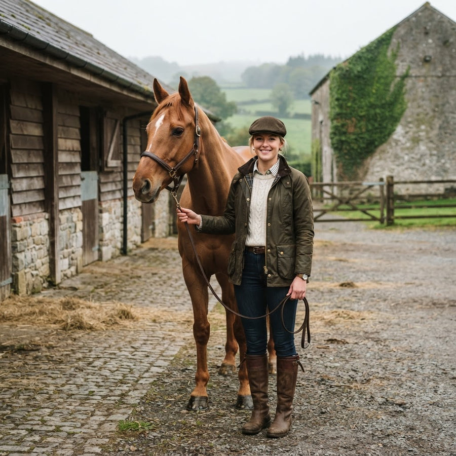 Australian rider in Irish country clothing beside a horse