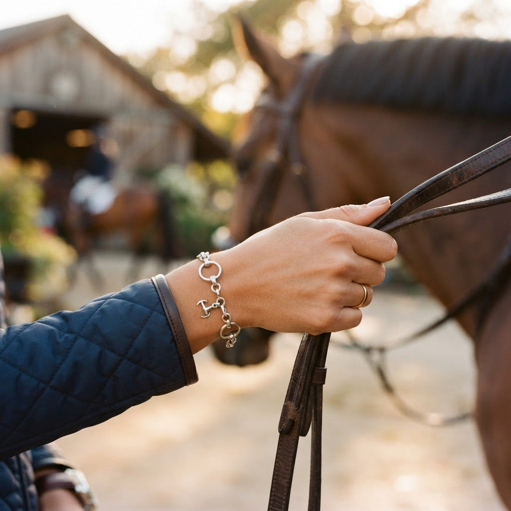 Equestrian woman wearing sterling silver snaffle bit bracelet holding horse reins
