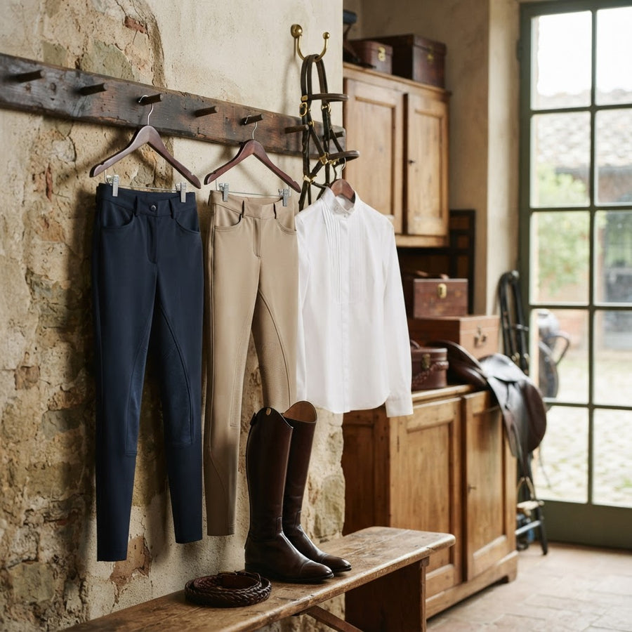 For Horses Italian-made equestrian apparel in a tack room