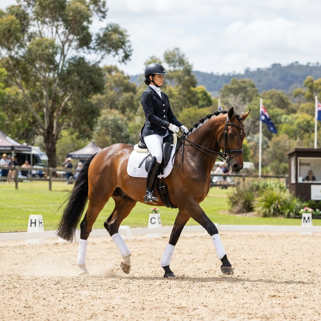 Australian dressage rider wearing competition clothing in an arena