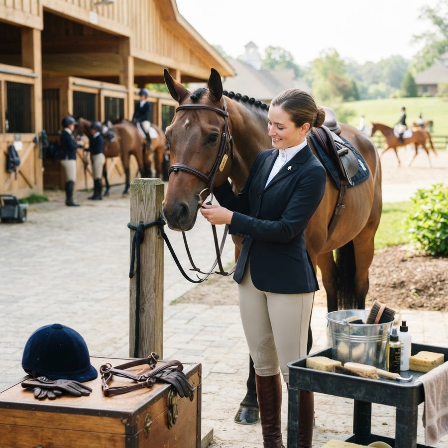 Rider in competition gear prepared for EA show day