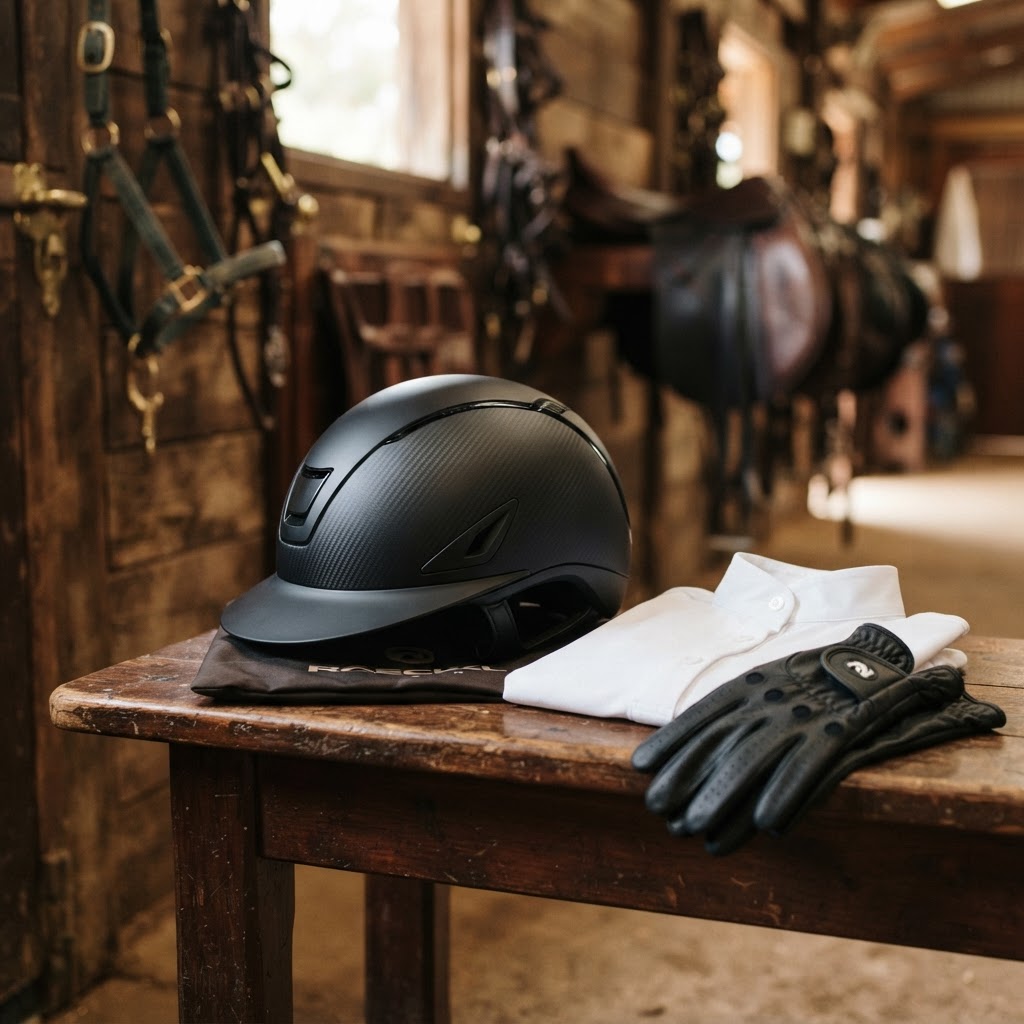 Freejump Voronoi riding helmet on a stable bench