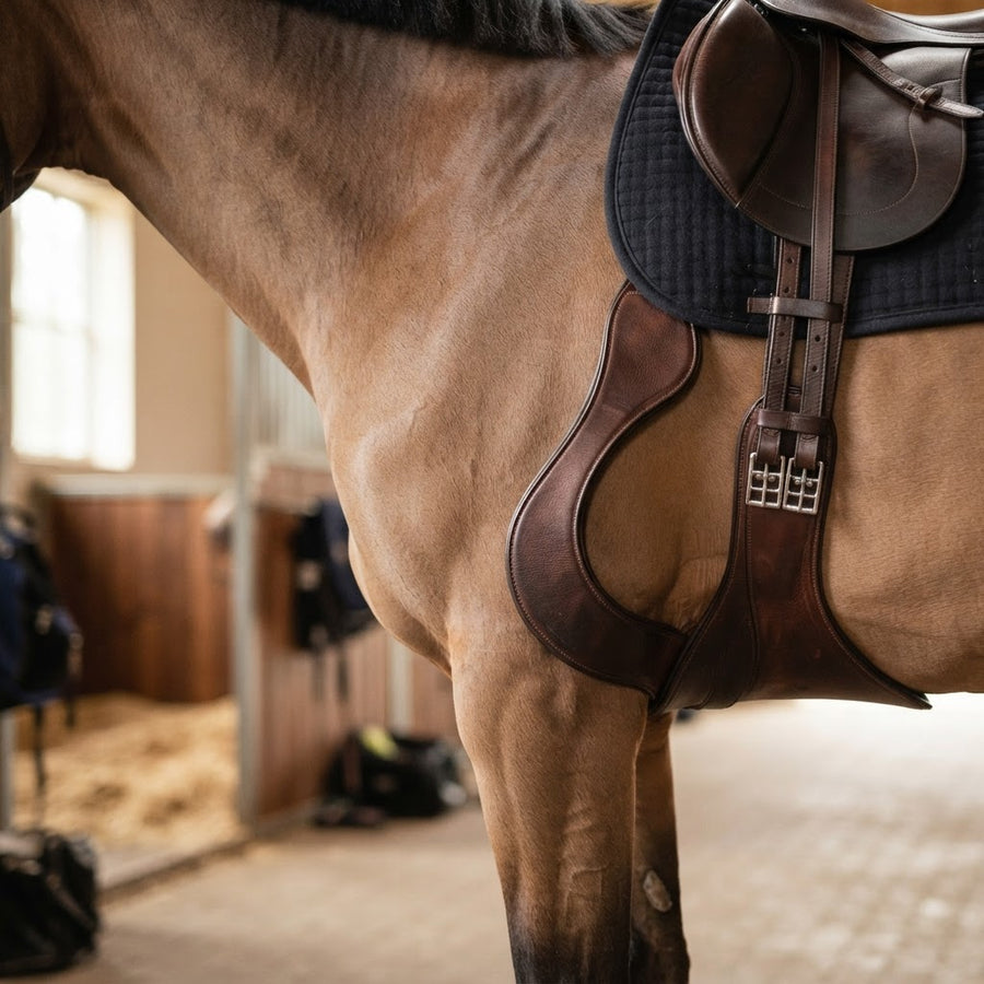 Anatomical contoured horse girth showing shaped design for shoulder freedom