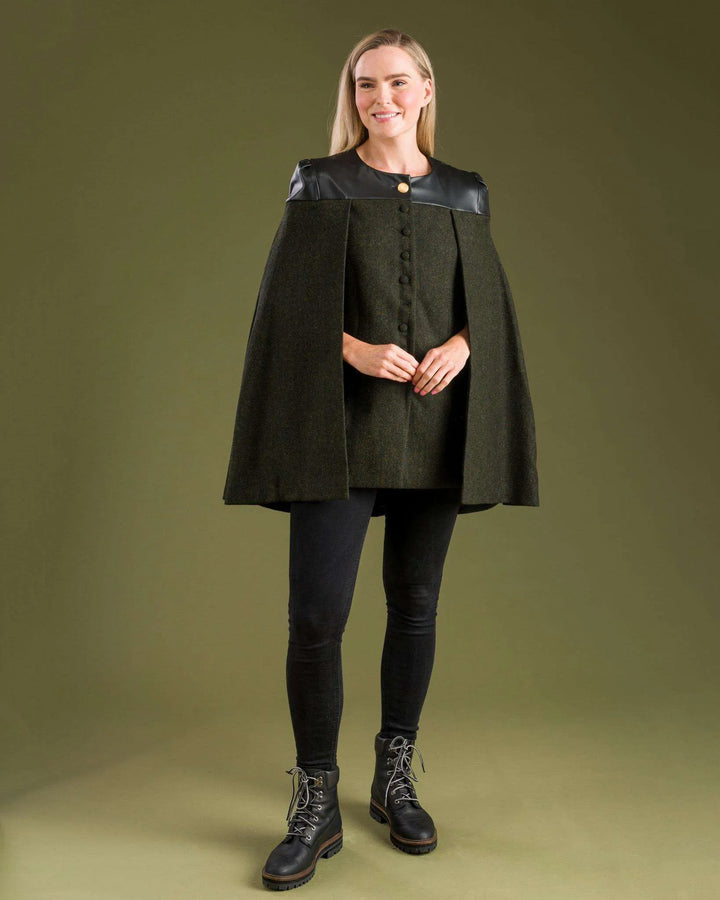 Jack Murphy Ireland - Aisling Tailored Cape - Deep Green Herringbone - Tweed
