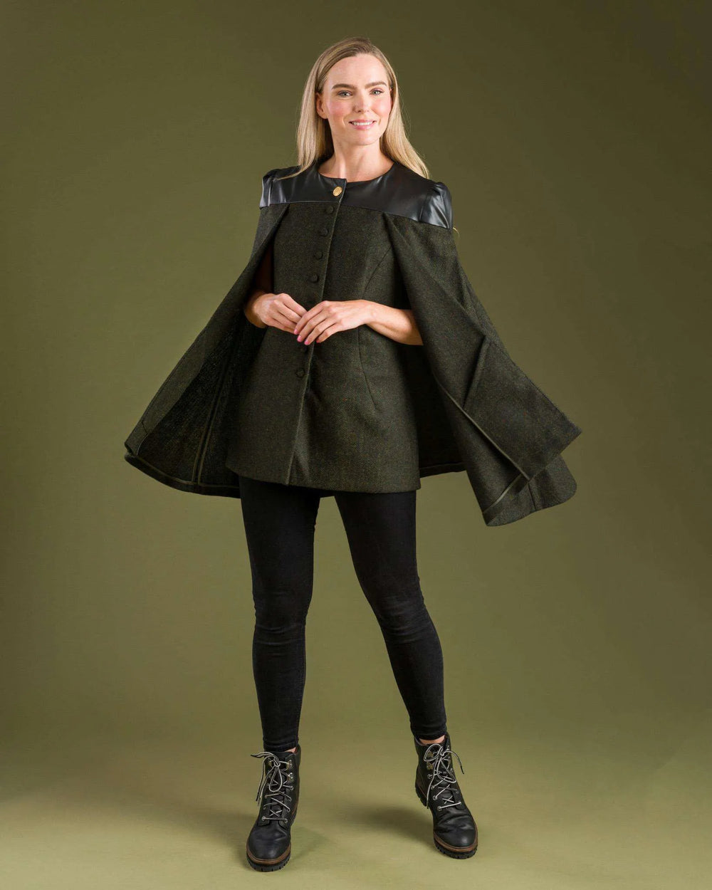 Jack Murphy Ireland - Aisling Tailored Cape - Deep Green Herringbone - Tweed