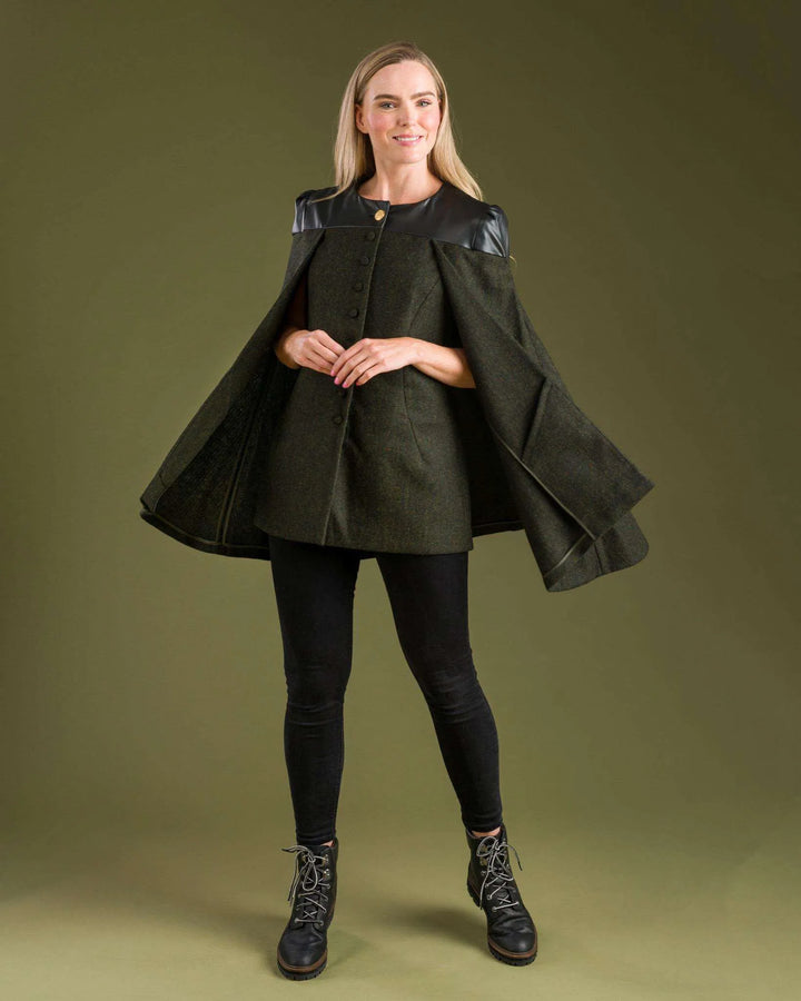 Jack Murphy Ireland - Aisling Tailored Cape - Deep Green Herringbone - Tweed