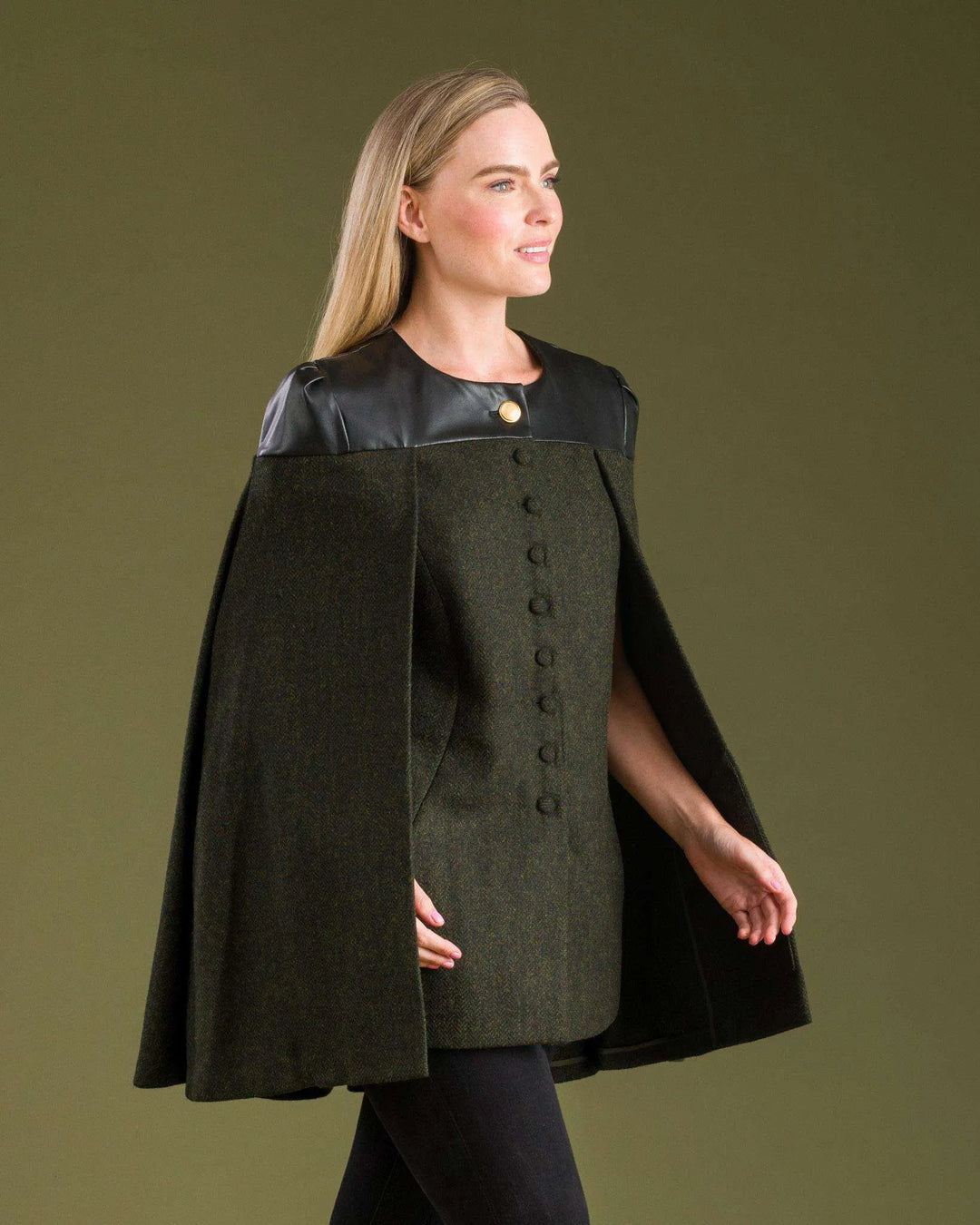 Jack Murphy Ireland - Aisling Tailored Cape - Deep Green Herringbone - Tweed