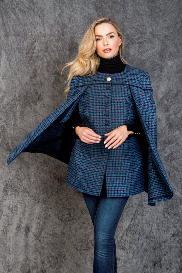Jack Murphy Ireland - Aisling II Tailored Cape - Navy Hacking Check - Tweed