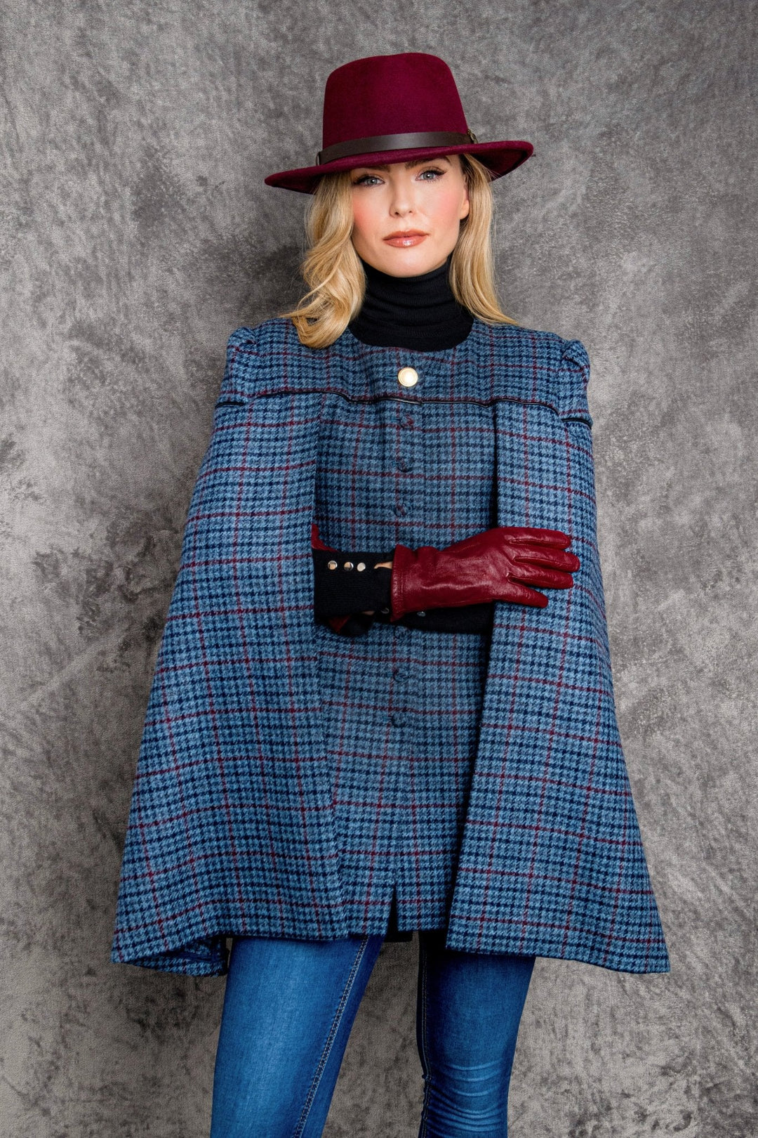 Jack Murphy Ireland - Aisling II Tailored Cape - Navy Hacking Check - Tweed