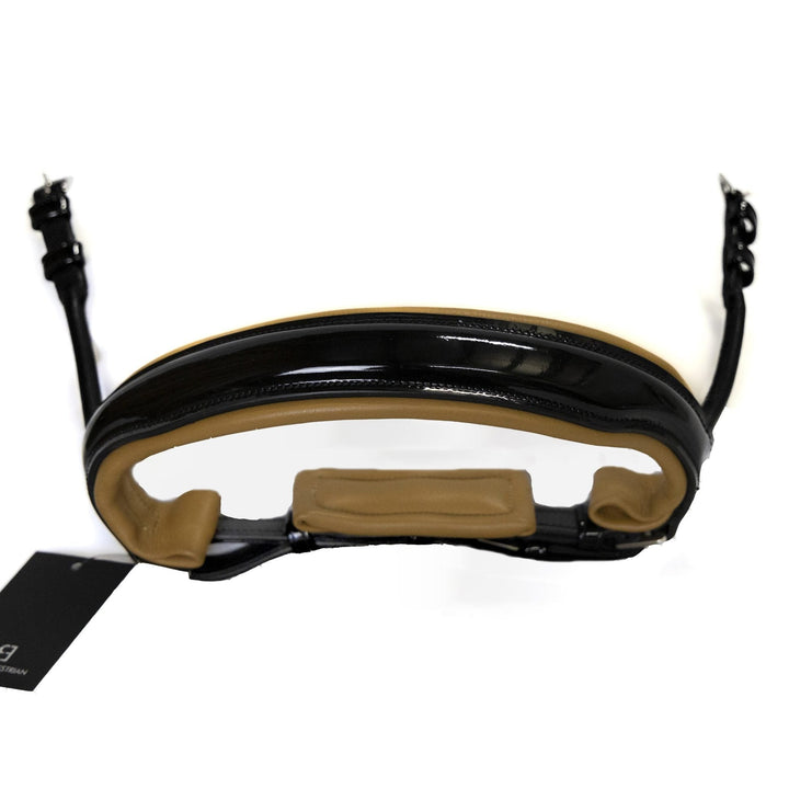 Black patent padded cavesson noseband with tan trim