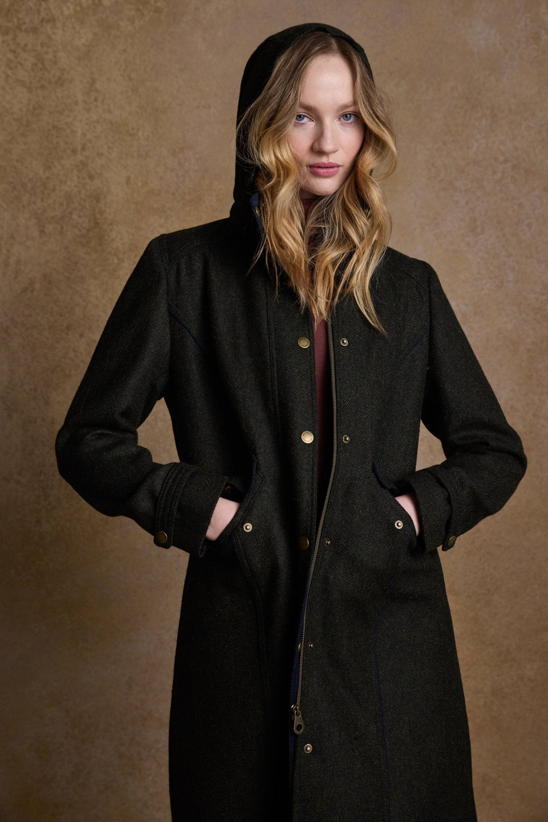 Jack Murphy Ireland - Julia Long Tweed Coat - Deep Green Herringbone - Tweed