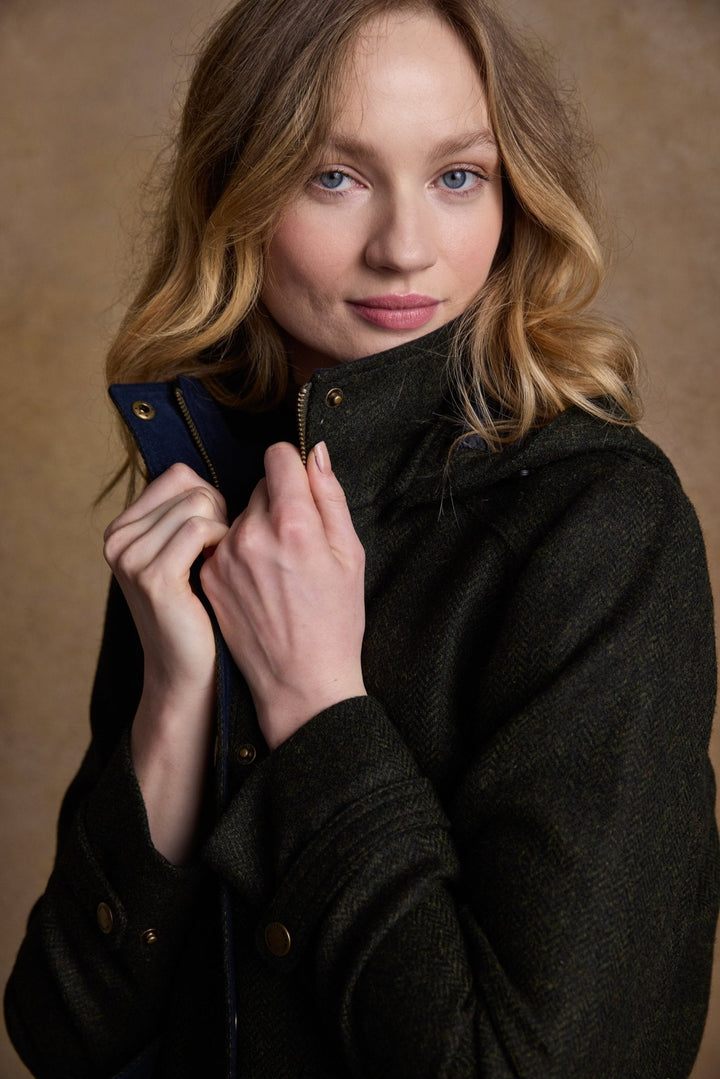 Jack Murphy Ireland - Julia Long Tweed Coat - Deep Green Herringbone - Tweed