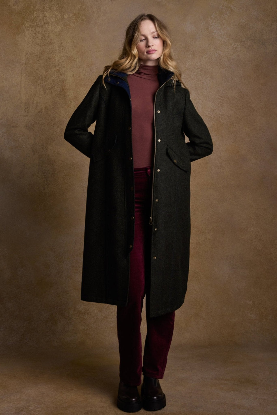 Jack Murphy Ireland - Julia Long Tweed Coat - Deep Green Herringbone - Tweed